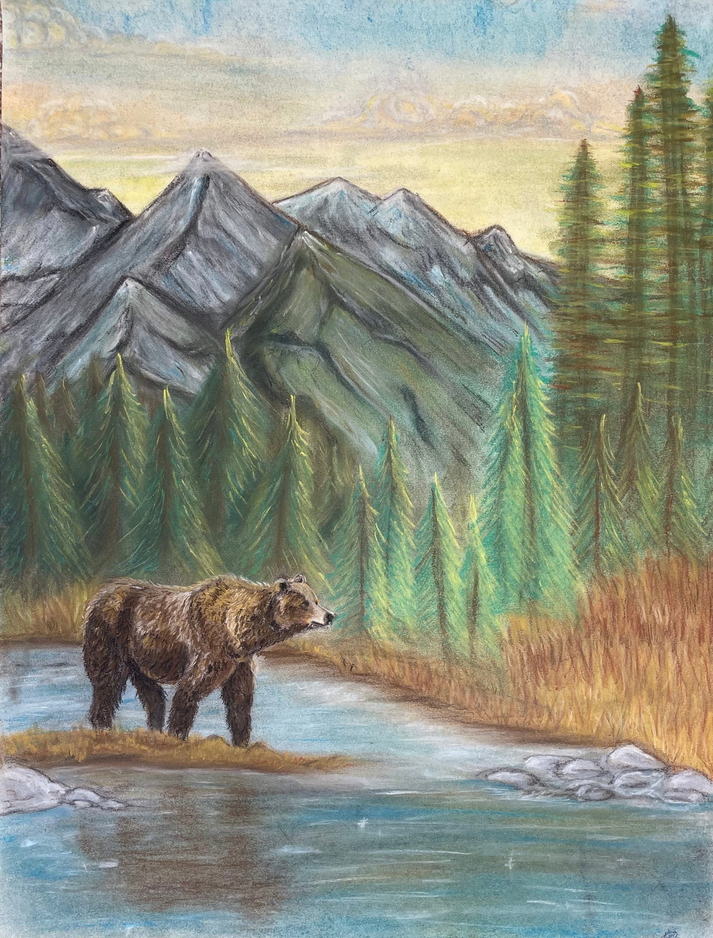 Bear Pastel Painting – Woodland Creature, Realism Art, Framed Wall Art 18x24
