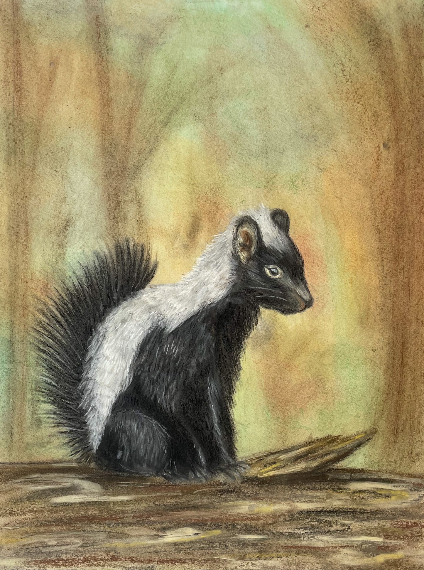 Skunk on Log Conte Pastel Painting – Woodland Animal Realism Art (Framed) 18x24