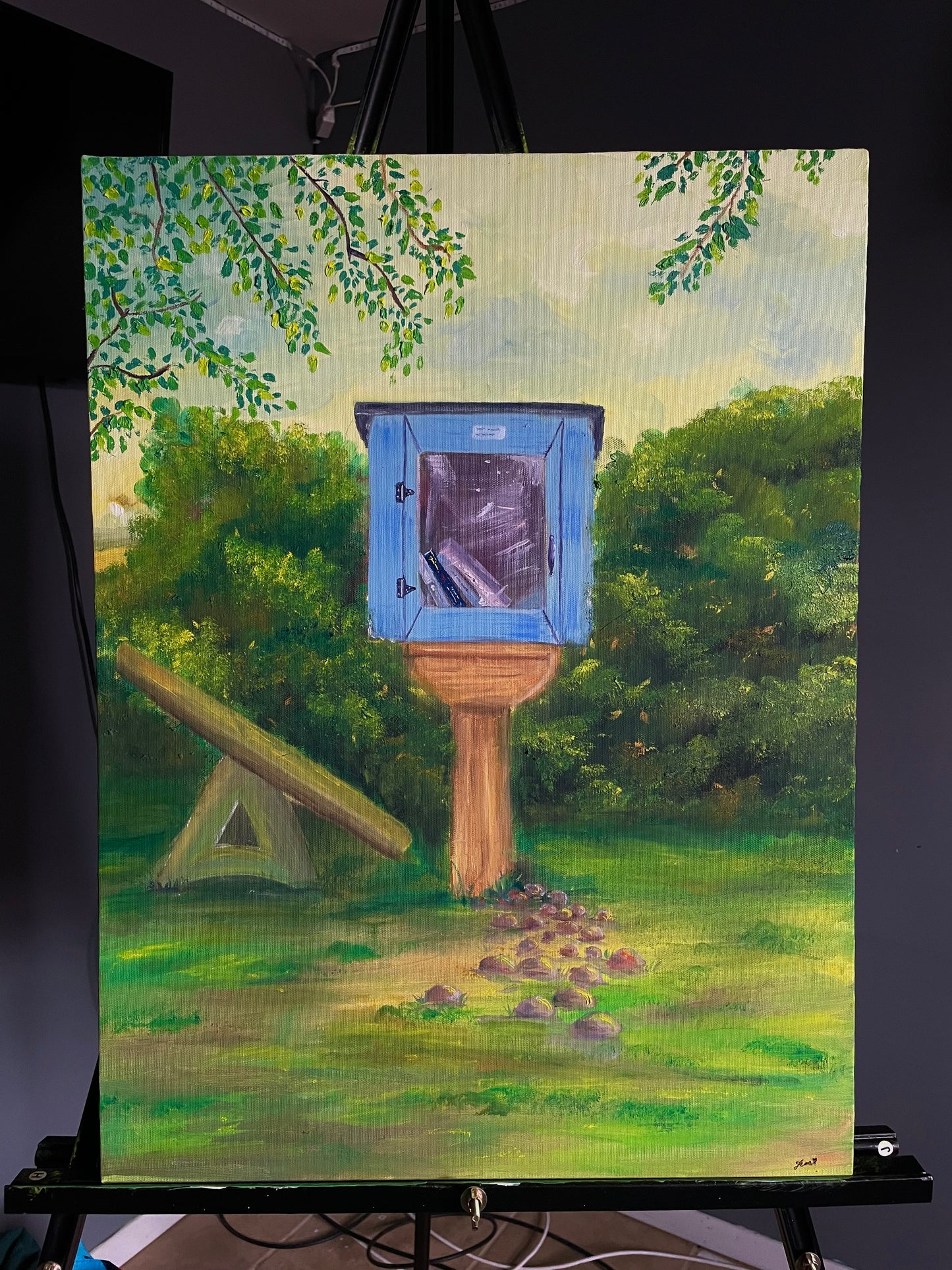 Original Oil Painting – Library Book Stand, Woodsy Forest Scene, 18x24 inches