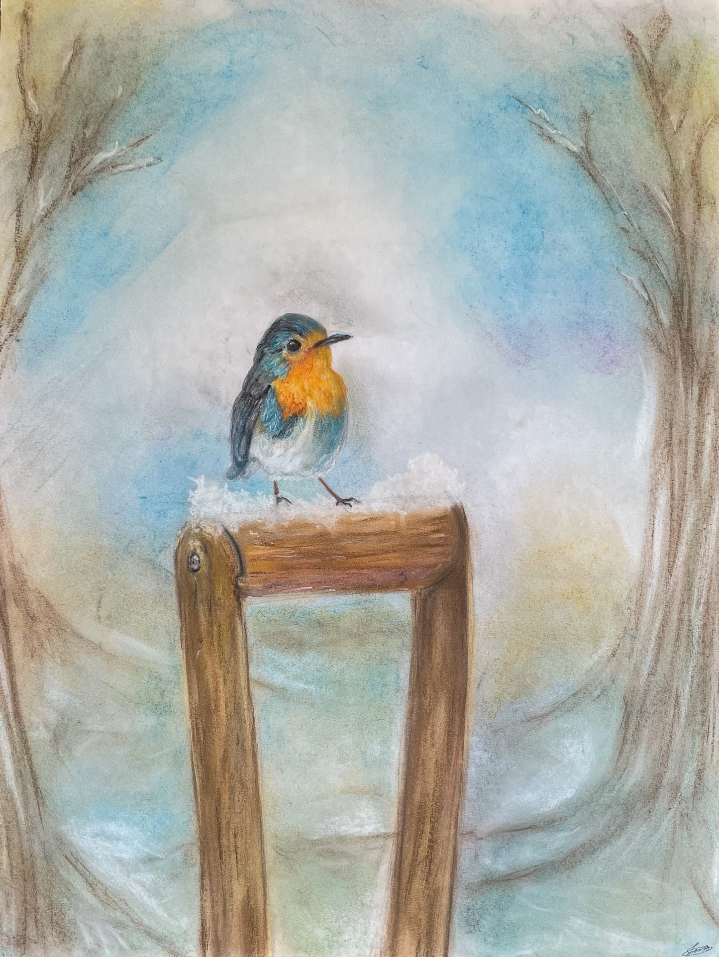 Original Robin Pastel Painting – Framed Woodland Bird Art (18x24 inches)