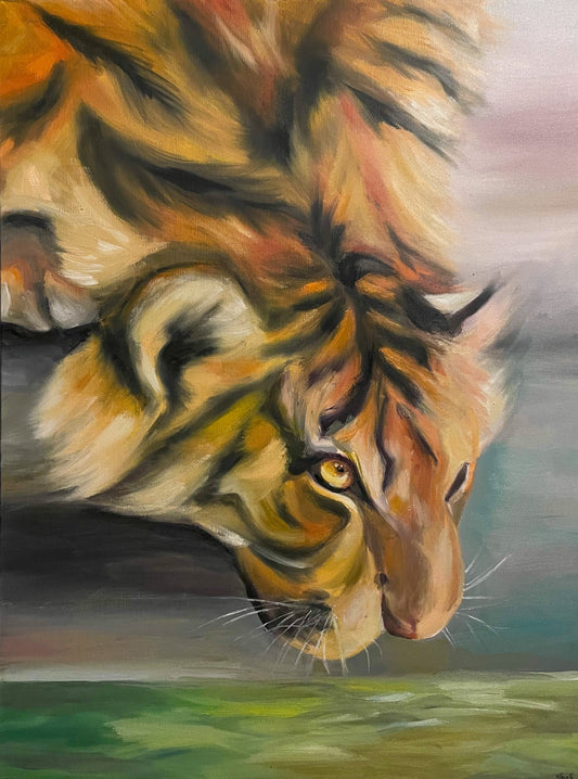Aware - Original Oil Painting on Canvas - 18x24 inches, Realism Art Tiger wall art