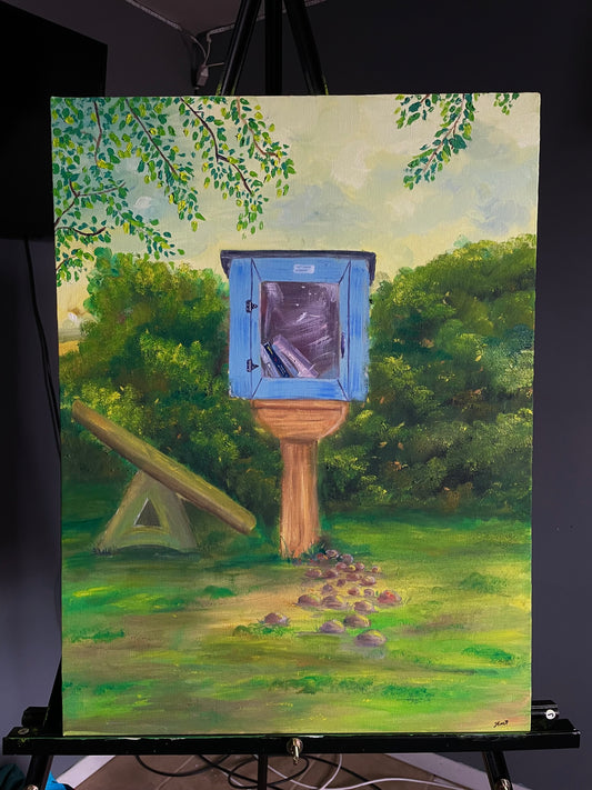 Original Oil Painting – Library Book Stand, Woodsy Forest Scene, 18x24 inches